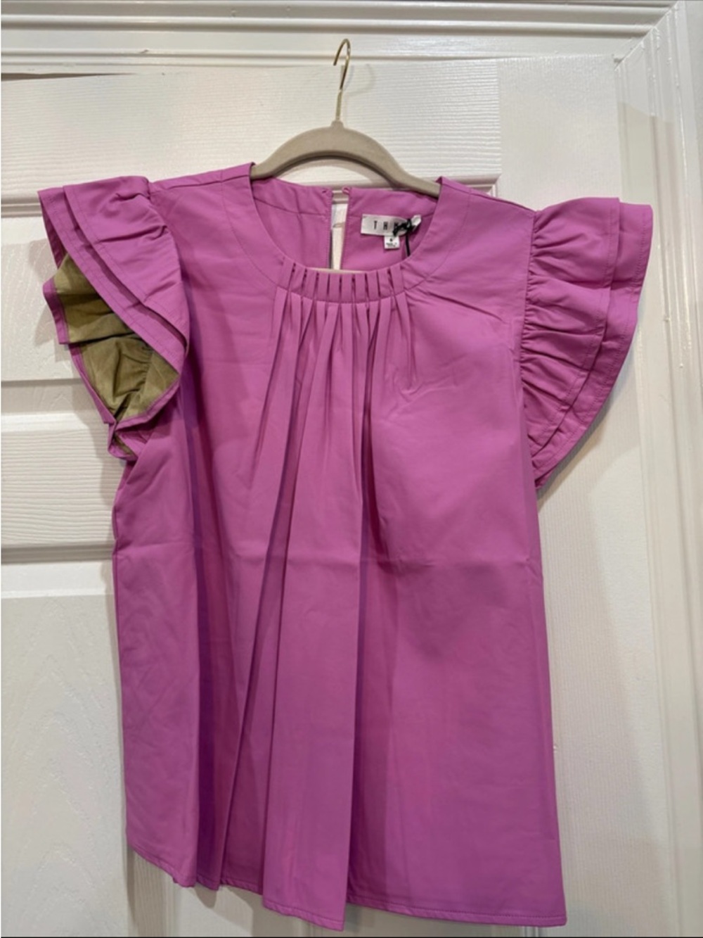 THML Lilac-Pink Flutter Sleeve Top , soft faux leather